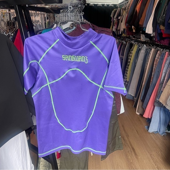 Mens Sankuanz Purple Embroidered Lime Green Biker Shortsleeve Small Top Runway - Picture 1 of 7